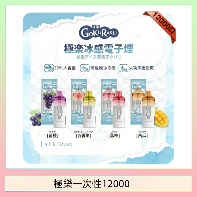 極樂一次性12000 【8種口味】極楽 12000口一次性電子煙|超大容量 |口感絲滑|新品